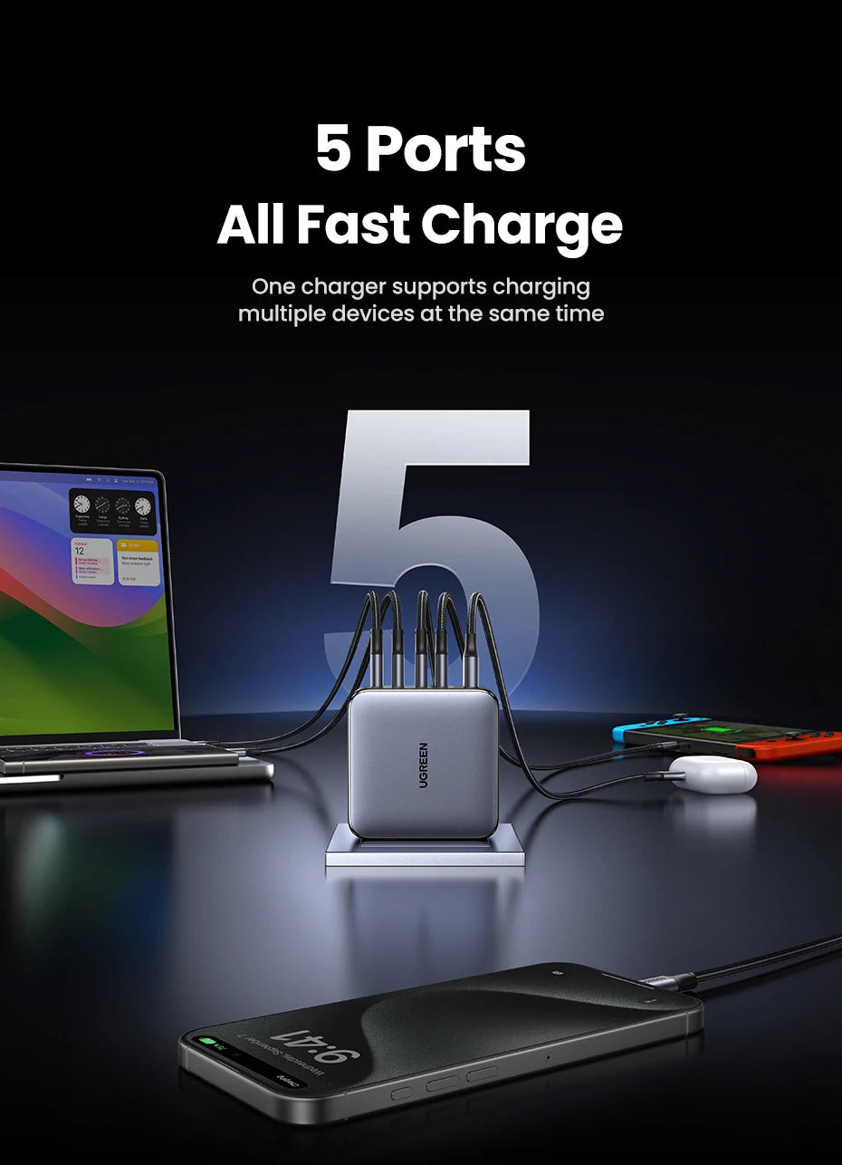 Chargeur GaN UGREEN 100W - 5 Ports USB-C - Charge Rapide PD QC4.0 pour MacBook, iPhone 17/16/15 Pro, Laptop, Tablette