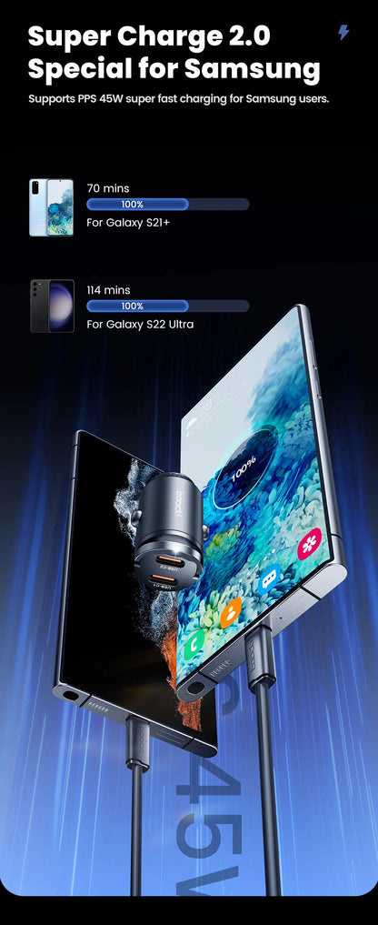 Chargeur Voiture USB-C Toocki 45W PD - Mini Adaptateur Charge Rapide avec Anneau pour iPhone 15, 14 Pro, Xiaomi, Huawei