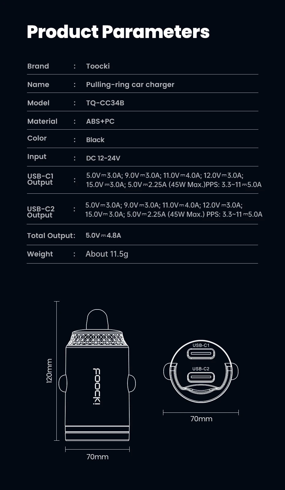 Chargeur Voiture USB-C Toocki 45W PD - Mini Adaptateur Charge Rapide avec Anneau pour iPhone 15, 14 Pro, Xiaomi, Huawei