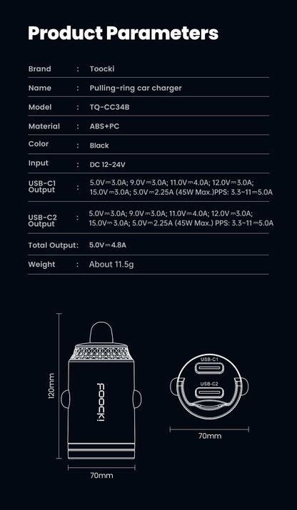 Chargeur Voiture USB-C Toocki 45W PD - Mini Adaptateur Charge Rapide avec Anneau pour iPhone 15, 14 Pro, Xiaomi, Huawei