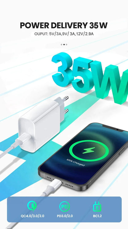 Chargeur Rapide USB-C 35W PD pour iPhone 17, 16, 15, 14, 13, 12, 11 Pro Max - Adaptateur Secteur Charge Rapide