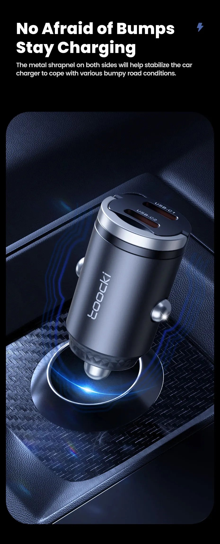 Chargeur Voiture USB-C Toocki 45W PD - Mini Adaptateur Charge Rapide avec Anneau pour iPhone 15, 14 Pro, Xiaomi, Huawei