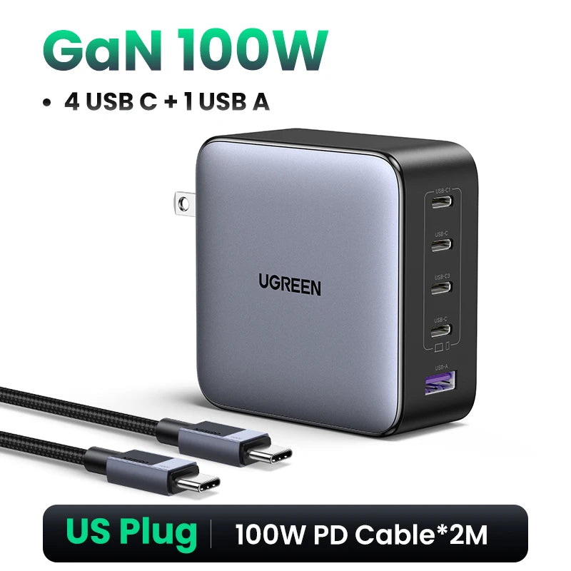 Chargeur GaN UGREEN 100W - 5 Ports USB-C - Charge Rapide PD QC4.0 pour MacBook, iPhone 17/16/15 Pro, Laptop, Tablette