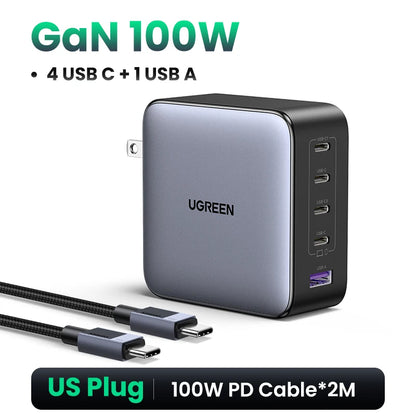 Chargeur GaN UGREEN 100W - 5 Ports USB-C - Charge Rapide PD QC4.0 pour MacBook, iPhone 17/16/15 Pro, Laptop, Tablette