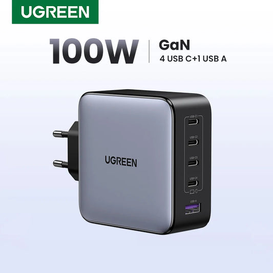 Chargeur GaN UGREEN 100W - 5 Ports USB-C - Charge Rapide PD QC4.0 pour MacBook, iPhone 17/16/15 Pro, Laptop, Tablette