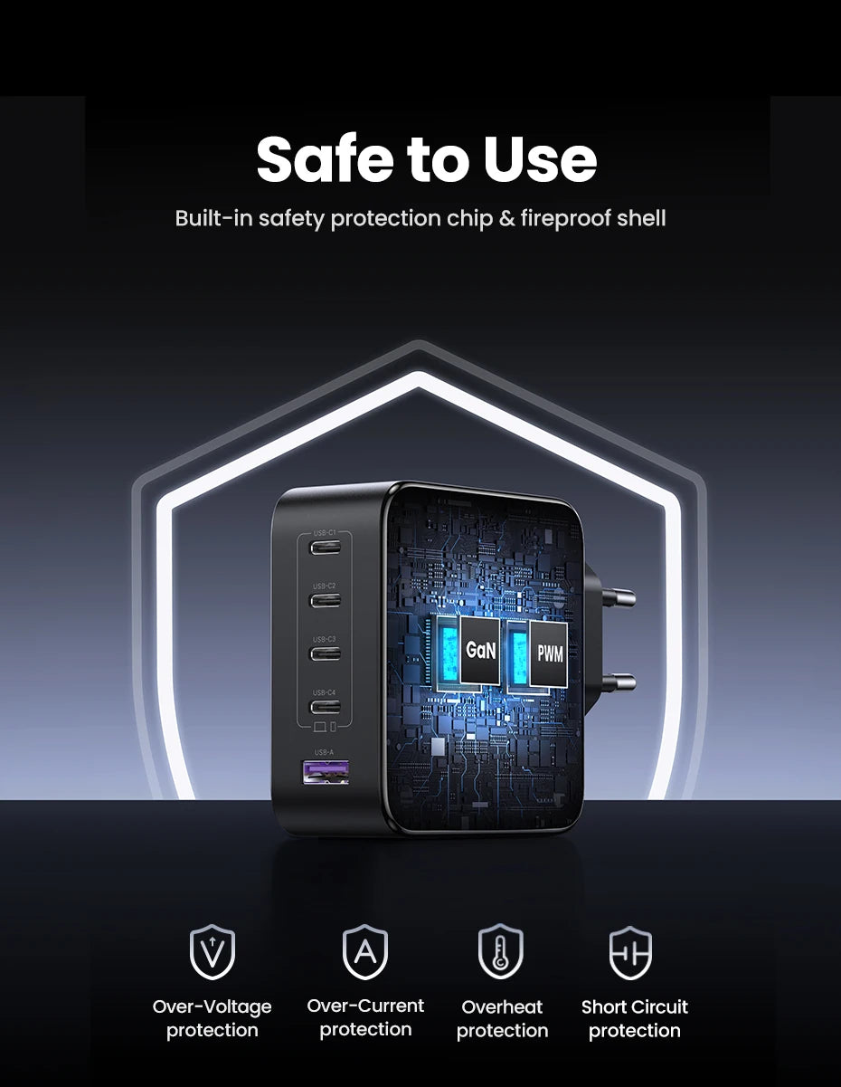 Chargeur GaN UGREEN 100W - 5 Ports USB-C - Charge Rapide PD QC4.0 pour MacBook, iPhone 17/16/15 Pro, Laptop, Tablette
