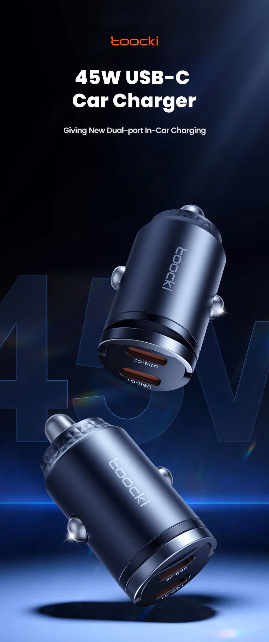 Chargeur Voiture USB-C Toocki 45W PD - Mini Adaptateur Charge Rapide avec Anneau pour iPhone 15, 14 Pro, Xiaomi, Huawei