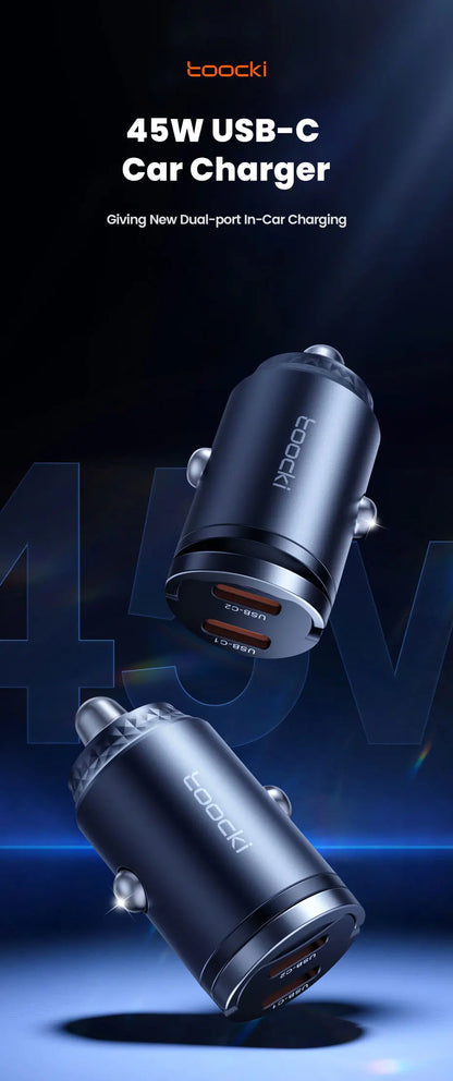 Chargeur Voiture USB-C Toocki 45W PD - Mini Adaptateur Charge Rapide avec Anneau pour iPhone 15, 14 Pro, Xiaomi, Huawei