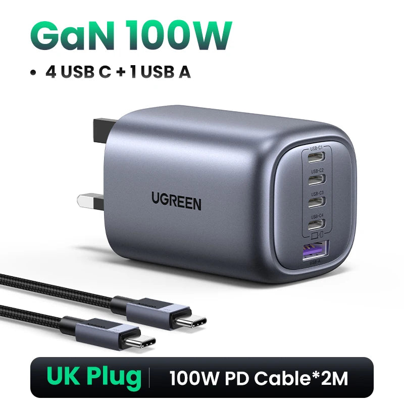 Chargeur GaN UGREEN 100W - 5 Ports USB-C - Charge Rapide PD QC4.0 pour MacBook, iPhone 17/16/15 Pro, Laptop, Tablette