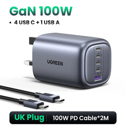 Chargeur GaN UGREEN 100W - 5 Ports USB-C - Charge Rapide PD QC4.0 pour MacBook, iPhone 17/16/15 Pro, Laptop, Tablette