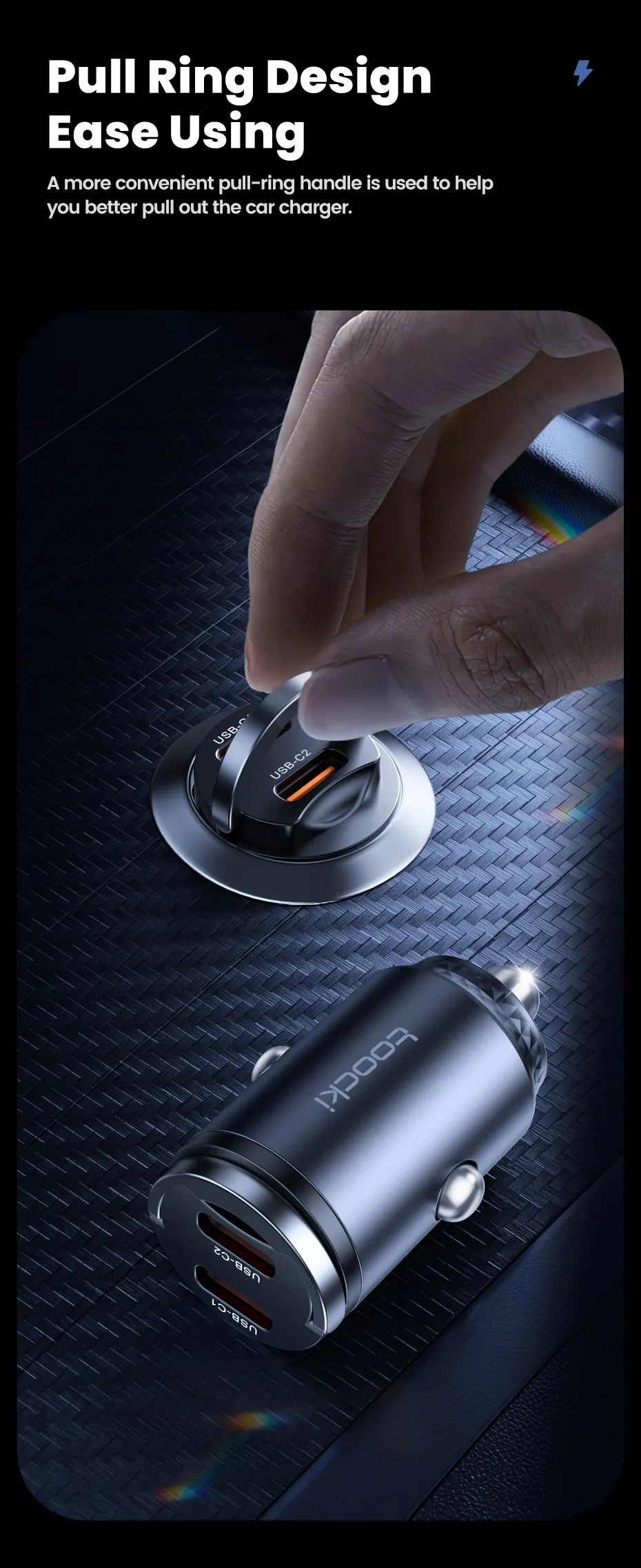 Chargeur Voiture USB-C Toocki 45W PD - Mini Adaptateur Charge Rapide avec Anneau pour iPhone 15, 14 Pro, Xiaomi, Huawei