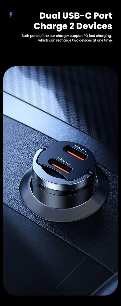 Chargeur Voiture USB-C Toocki 45W PD - Mini Adaptateur Charge Rapide avec Anneau pour iPhone 15, 14 Pro, Xiaomi, Huawei