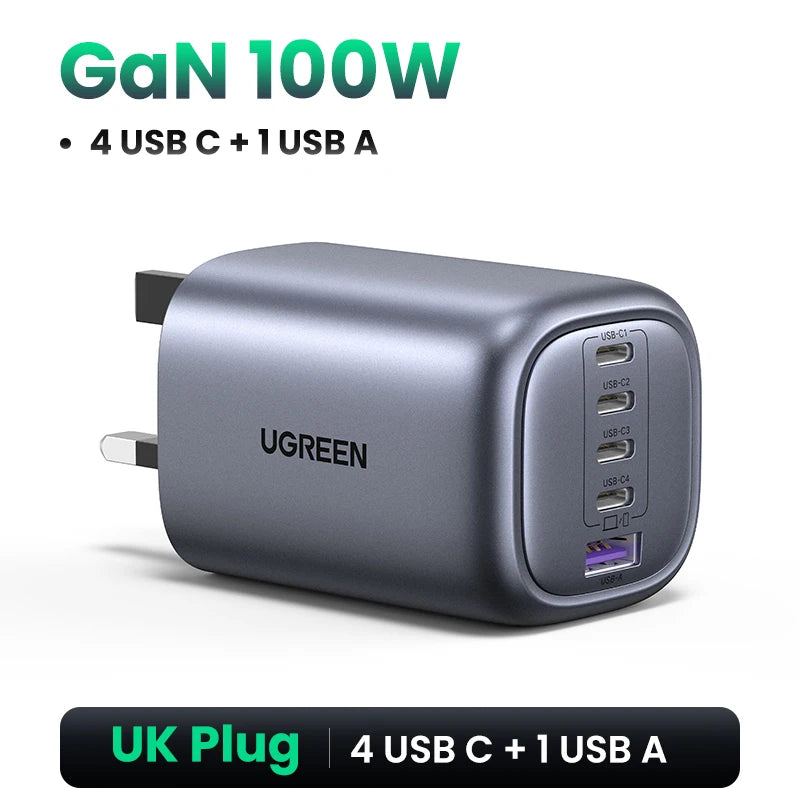 Chargeur GaN UGREEN 100W - 5 Ports USB-C - Charge Rapide PD QC4.0 pour MacBook, iPhone 17/16/15 Pro, Laptop, Tablette