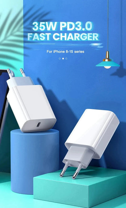 Chargeur Rapide USB-C 35W PD pour iPhone 17, 16, 15, 14, 13, 12, 11 Pro Max - Adaptateur Secteur Charge Rapide