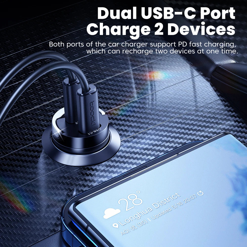 Chargeur Voiture USB-C Toocki 45W PD - Mini Adaptateur Charge Rapide avec Anneau pour iPhone 15, 14 Pro, Xiaomi, Huawei
